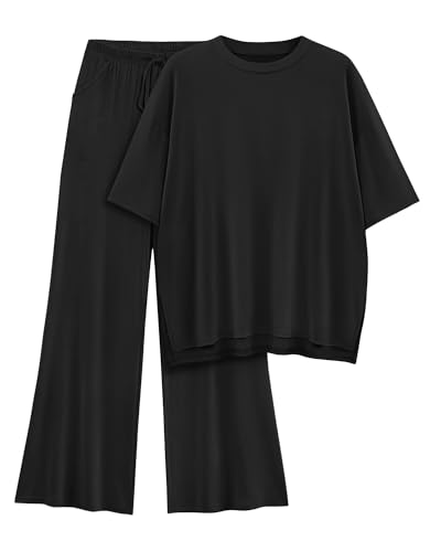 AmazingStar Womens Lounge Set 2026 Summer 2 Piece Outfits Oversized Short Sleeve Tops & Wide Leg Pant Matching Sets Clothing(Black, L)