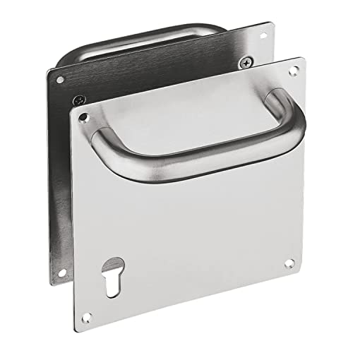 Amig, Set of Handlebars Mod.2 with Plate and Socket in 18/8 Stainless Steel, for Passage or Indoor or Outdoor Entrance, Handle: Ø19 x 151 mm, Plate: 180 x 7.087 in, Silver