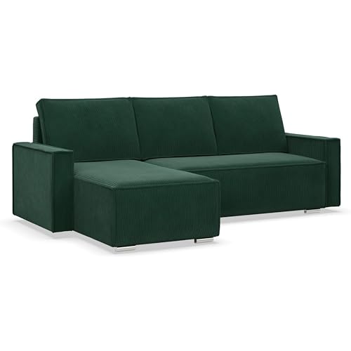 Mebligo - Ecksofa mit Schlaffunktion und Bettkasten NOTO, Cord Sofa L Form 231 cm Breit, Eckcouch Cord mit Schlaffunktion, Bonellfederkern, Universal Sofa Dunkelgrün Mebligo - Ecksofa mit Schlaffunktion und Bettkasten NOTO, Cord Sofa L Form 231 cm Breit, Eckcouch Cord mit Schlaffunktion, Bonellfederkern, Universal Sofa Dunkelgrün