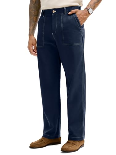 HOTake Men's Casual Pants Cotton Linen Pants for Men Relaxed Fit Expandable Waist Trousers L(36) Navy Blue2