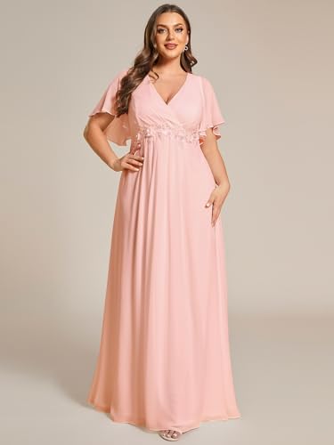 Image of Ever-Pretty Short Sleeves V Neck Plus Size Formal Dresses for Curvy Women Chiffon Mother of The Bride Dress Evening Gowns