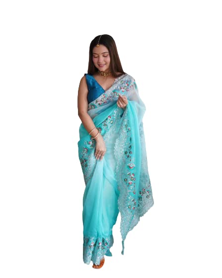 infabzon Womens Saree Bollywood Style Organza Silk With Beautiful Multi Color Embrodery Therd Sequance & Hend Work