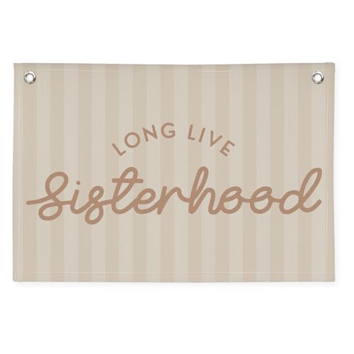 Image of Girls Room Decor Long Live Sisterhood Linen Hanging Banner Flag Pink Stripes Banner for Toddler Playroom Wall Decor for Kids Bedroom Dorm Toddler Decorations Trendy Room 30x20,girlroom