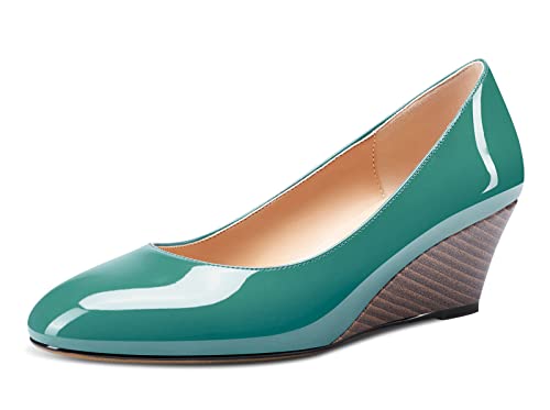 Aachcol Women Wedge Pumps Cork Mid Heel Close Round Toe Slip-on Wedding Office Dress Shoes 2 Inches