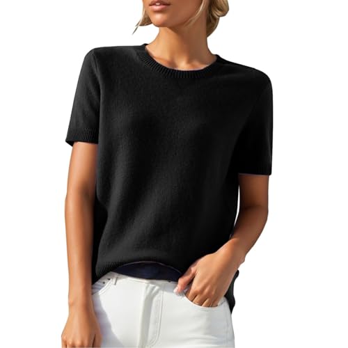 KHIRVWL Kurzarm Pullover Damen, Mode Rundhalsausschnitt Strickshirt Elegant Leicht Kurzarm Pullover Frühling und Sommer Einfarbiges Gestricktes Freizeittop Oberteil Elegant Sommer Damen Tshirt