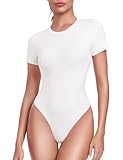 HeyNuts Women's Ultra Soft Short Sleeve Crew Neck T-Shirts Bodysuit, High Cut Thong Double Lined Sexy Tummy Control Tank Tops Bodysuit Leotard Clothing White L(12)