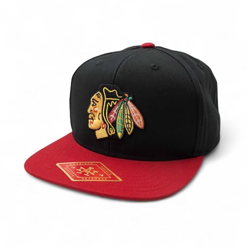 AMERICAN NEEDLE Officially Licensed NHL Chicago Blackhawks Snapback Hat, Embroidered Logo, Flat Brim, Black/Red