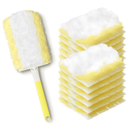 Image of JOYMOOP Disposable Duster for Cleaning, with 1 Yellow Handles & 12 Ct Yellow Heavy Duty Refills for Swiffer Feather Duster, Household Cleaning Tool for Electronics, Dusting Furniture, Blinds