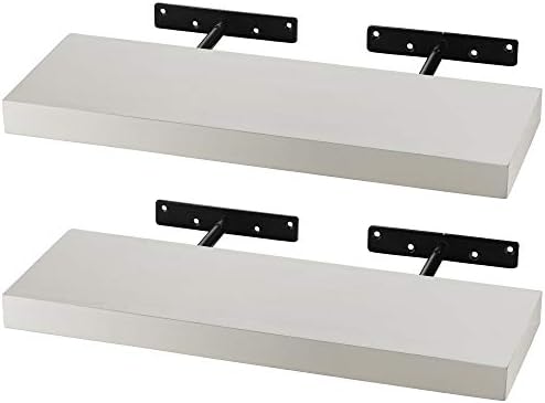 Set of 2 BATODA 17″ Floating Shelves Wall Mounted with Invisible Brackets –White Floating Shelves Small – Rustic Acacia Wood Wall Storage Shelf for Home Décor – 6” Depth, 1.6” Thick (White)