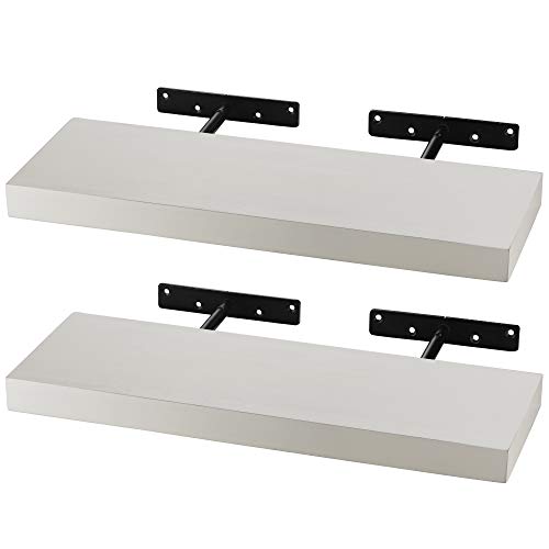 Set of 2 BATODA 17 Floating Shelves Wall Mounted with Invisible Brackets – Rustic Acacia Wood Wall Storage Shelf for Home Décor - 6” Depth 16” Thick White