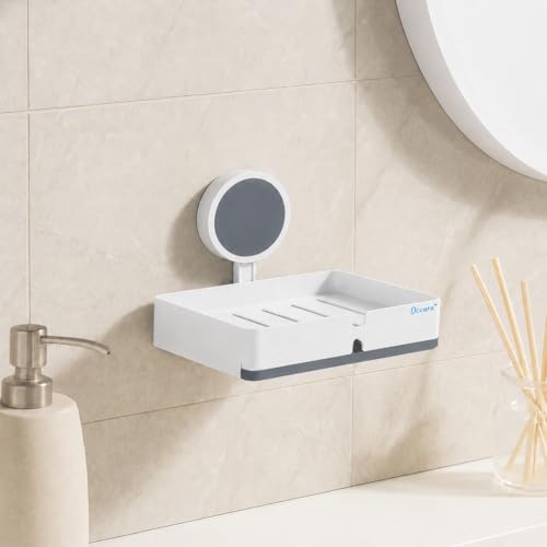 Image of Stickable Soap Holder for Washbasin | Compact Dish | Self adhesive wall mounted bathroom organizer without drill. Single plastic soap stand. Space saving rental friendly storage.