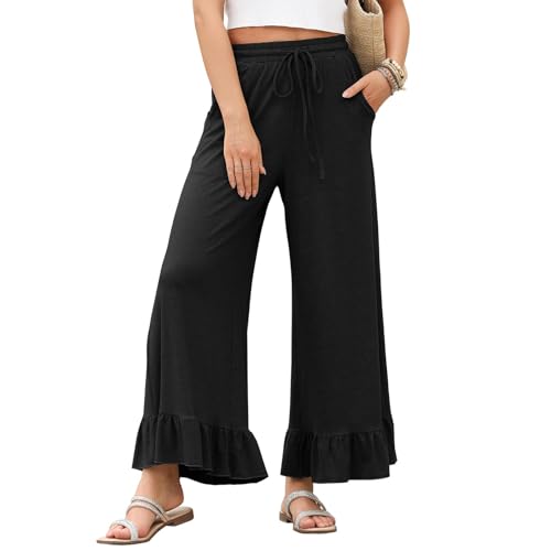 Women's Drawstring Stretch High-Waisted Ruffled Hem Wide-Legged Pockets with Dressy Casual Loose Fit Fashion