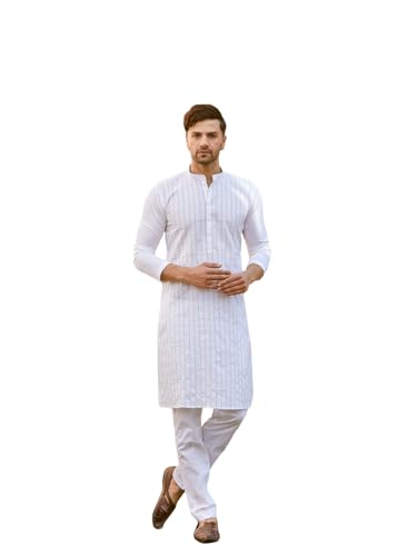See Designs Men Full Sleeve White Cotton Pintex Design Thread Work Mandarin Collar Side Slit Kurta - Sd2Kt_2451Xl