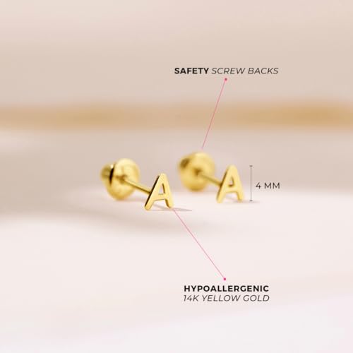14k Yellow Gold Tiny Initial Letter "A" Screw Back Earrings For Toddlers, Little Girls & Preteens - Extra Small Initial Letter Earrings For Baby Girls4