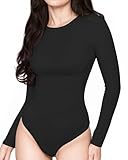 ALGALAROUND Damen Langarm Body Rundhalsausschnitt Langarmbody Basic Damenbody Elegant Bodys für Damen Party Outfit Winter Bodysuit Shirts Oberteile Tops Schwarz S