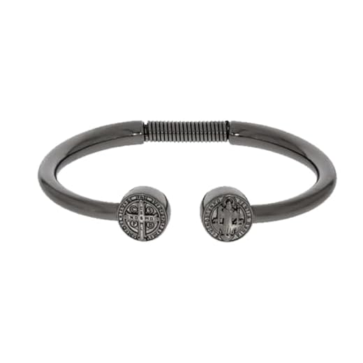 Pulseira Medalha de São Bento Bracelete Aço Banhado Duplo Metal Tamanho Ajustável Cruz Sagrada Proteção Fé Religião na Moda Masculino Feminino (Grafite)