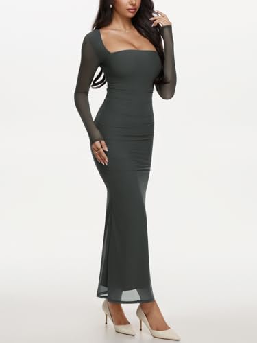 REORIA Long Sleeve Wedding Guest Maxi Dresses for Women Sheer Mesh Square Neck Ruched Bodycon Long Dress 2026 Spring Outfits - Image 3