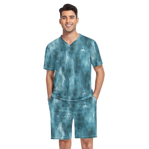 Dark Green Print Men’s Pajama Sets Short Sleeve Lounge Wear with Elastic Waistband and Drawstring