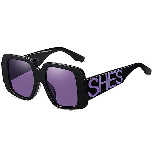 Shes Gafas De Sol Cuadradas De Gran Tamaño Para Mujer, Gafas De Sol De Diseño Vintage Sh2108, Marco Negro Lente Púrpura Shes Gafas De Sol Cuadradas De Gran Tamaño Para Mujer, Gafas De Sol De Diseño Vintage Sh2108, Marco Negro Lente Púrpura