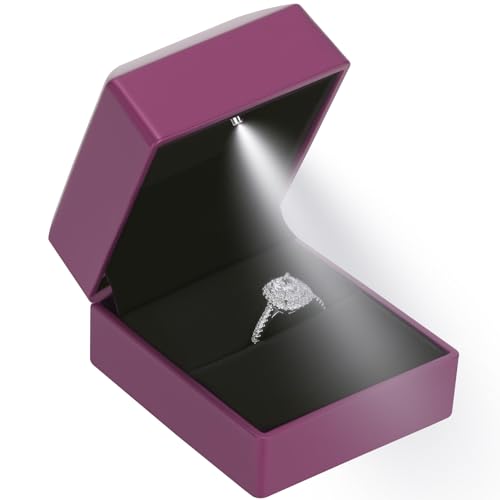 LED Ring Earring Box for Proposal, Wedding, Engagement, Luxury Jewelry Gift Box with LED Light, Jewellry Display Box (Purple)