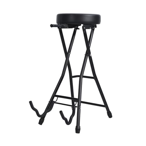 Image of Guitar Stool, Foldable Padded Seat with Built-in Stand & Footrest, Retractable Hook Non-Slip Feet for Acoustic Electric Bass Home Studio Practice (Black-B)