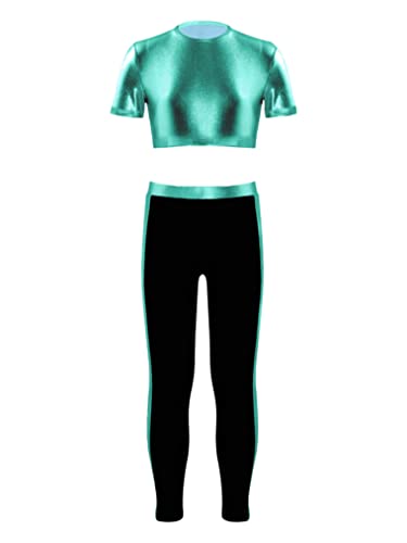 Kids Girls Metallic Crop Tops with Leggings Pants Set 2 Piece Dance Training Outfits Athletic Sport Tracksuit