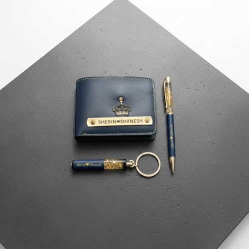 Image of Teak Wood Customized Leather Wallet Pen Keychain Gift Set for Men with Name, Personalized Brown Purse Combo, Stylish Gift for Husband, Boyfriend - Mens Wallets, Wallets for Man, Men Wallet (Blue)