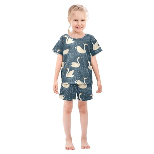 ALAZA Swan Starry Night Blue Pajamas Set Short Sleeve Cotton Sleepwear Summer Pjs 2 Piece 5-14Y3