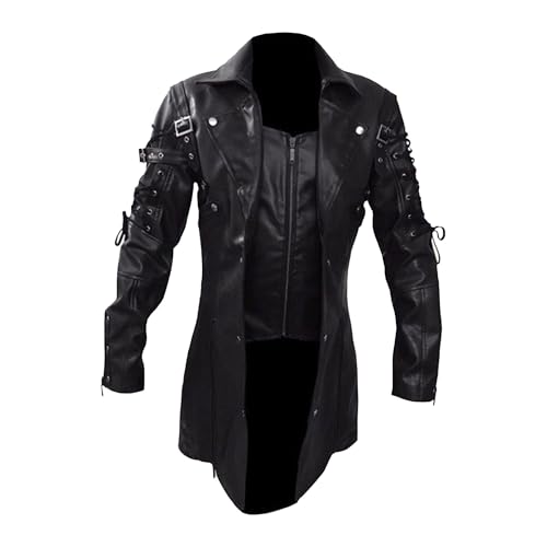 DGHM-JLMY Men's Retro Steampunk Gothic Trench Coat Classic Medieval Faux Leather Jacket Fashion Lapel Motorcycle Coats