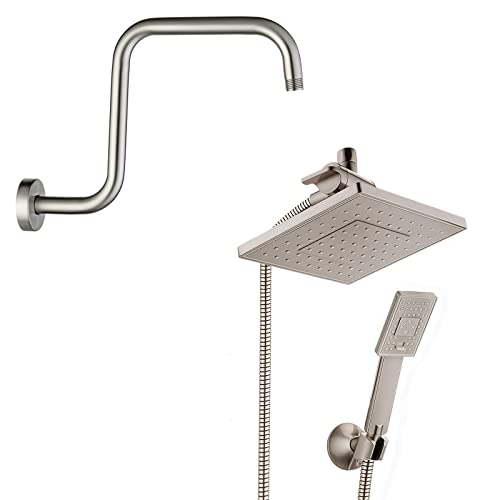 BRIGHT SHOWERS Cabezal de Ducha con Chorro de Mano y Manguera de 5 ft, Extensión de Brazo en S de 13 Inch, Acabado Cepillado Níquel