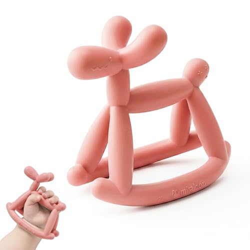 Image of Miraloop Teething Toy for Baby 0-6, 12, 18 Months Infant, Jellydog Never Drop Food Grade Silicone Rocking Teether, Prevent Choking & Odorless, Less Dust and Hair Adhesion, Baby Gift, Coral Red