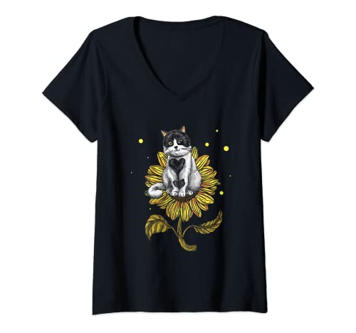 Donna Cat Lover House Cat Owner Cute Cats - Gatto Girasole Maglietta con Collo a V