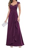 KURFACE Robe de soirée longue en mousseline de soie avec col en V et manches cape pour femme, prune, 42