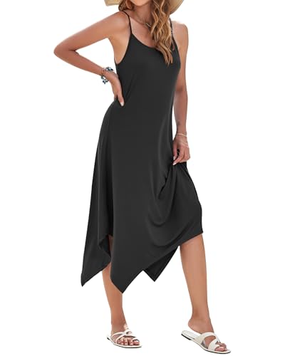 Image of AUSELILY Women's Summer Dresses 2026 Casual Sleeveless Spaghetti Strap Sundress Asymmetrical Midi Dress with Pockets