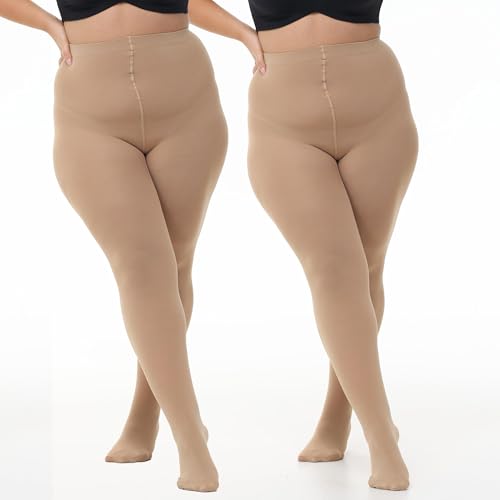 80D Plus Size Tights for Women, High Waist Semi Opaque Pantyhose XL-4XL 2Pairs-Suntan
