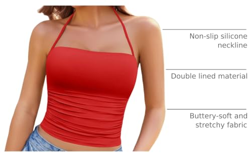 Image of Avidlove Halter Tops for Women Going Out Double Lined Sexy Crop Tank Top Ruched Slim Fit Cami Y2K Outfits Womens Summer Tops