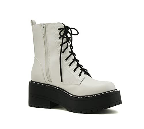 Image of Soda FLING Women Chunky Lug Sole Lace up Fashion Combat Ankle Boot w /Side Zipper