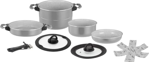 Brunner Fusion Magnetogrip 7+1 Cookware Set – Induction-Compatible Non-Stick Ceramic Pots & Pans for Campervan, Caravan & Boat – Stackable Space-Saving Design with Fold-Down Magnetic Handles (22cm)