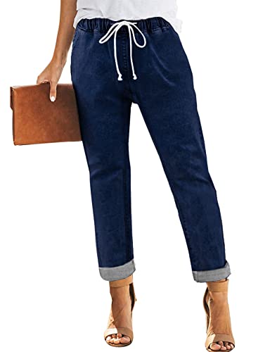 Sidefeel Women's Denim Solid Joggers Drawstring Elastic Waist Pull On Jeans With Side Pocket Blue Size 12 #TOP25