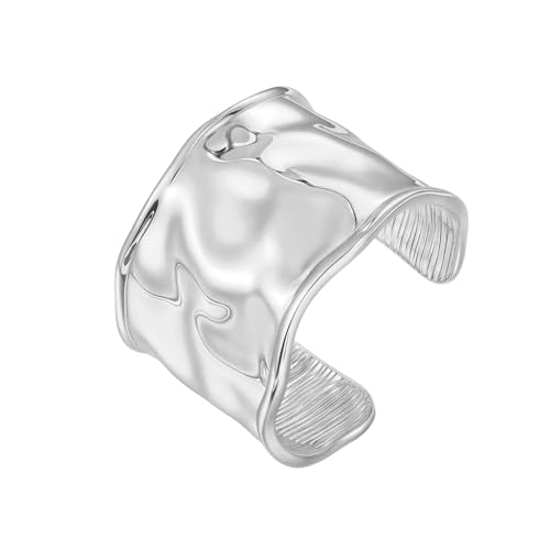 Chunky Cuff Bangle Bracelets for Women - 18K Gold & Silver Plated Hammered Wide Open Thick Wrist Cuff Bracelet, Irregular Trendy Modern Statement Jewelry