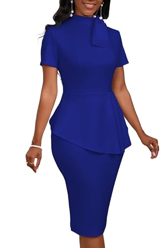 Image of PerZeal Women's Fashion Peplum Bodycon Short Sleeve Work Dresses Bow Club Ruffle Pencil Formal Cocktail Dress
