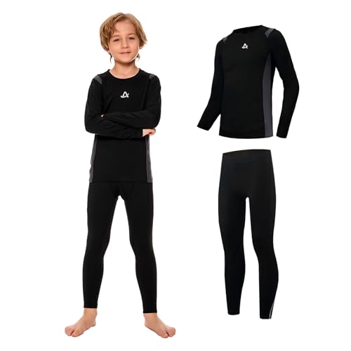AMZSPORT Thermounterwäsche für Kinder, Skiunterwäsche und Funktionsunterwäsche für Fussball und Training im Winter, Thermowäsche für Mädchen und Jungen, Warm und Bequem, Schwarz XL