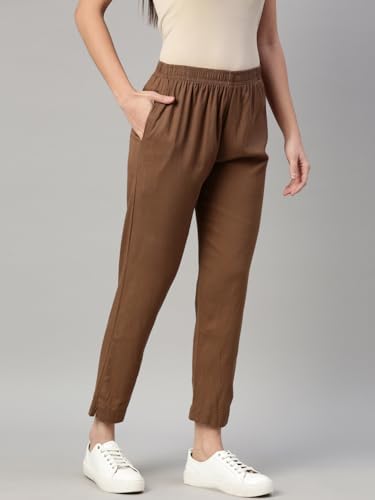Image of MINELLI Women Solid Cigar Pants, Cotton Lycra Slub Fabric, Elasticated Waistband, Pull On Style, Regular Fit Bottom Wear for Western and Ethnic Wear