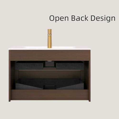 Image of 30 inch Wall-Mounted Bathroom Vanity Cabinet with Sink, Walnut