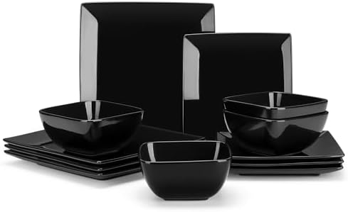 vancasso Soho Dinnerware Sets 12 Pieces, Black Stoneware Square Place Setting, Plates and Bowls Sets, Dinner Plate, Dishes Set for 4 vancasso Soho Dinnerware Sets 12 Pieces, Black Stoneware Square Place Setting, Plates and Bowls Sets, Dinner Plate, Dishes Set for 4