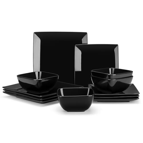 vancasso Soho - Juego de vajilla de 12 piezas, vajilla cuadrada de cerámica negra, plato de cena, plato de postre, servicio de cuencos para 4 personas