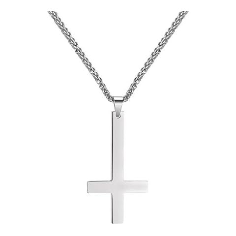 PROSTEEL Cadena Cruz Invertida Satanismo Colgante Cruz de San Pedro Simbolo Satanico Anticristiano, Platino Cover