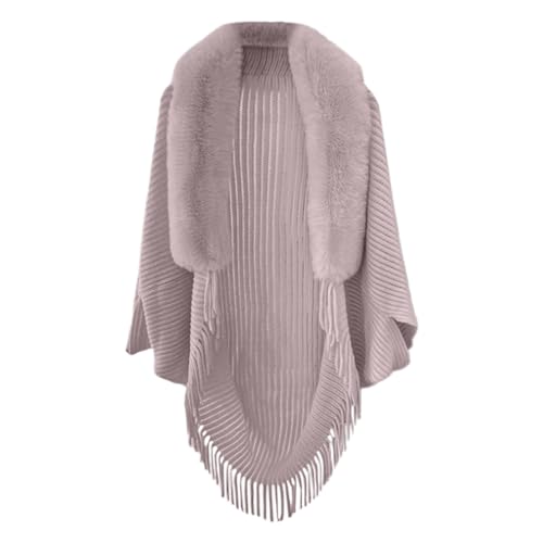 Permitime Knitting Thick Women's Loose Shawl With Fur Collar - Fuzzy Trim Cardigan With Knit Fringe2