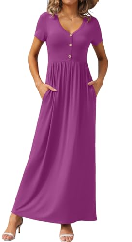Image of GRECERELLE Womens Summer Long Maxi Dresses 2026 Short Sleeve V Neck Casual Button Dress with Pockets