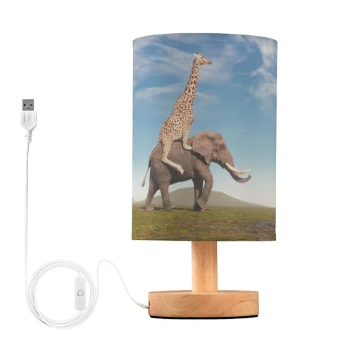 YYZZH Table Lamp Giraffe Elephant in Woodland Nightstand Lamp with Wood Base Fabric Lamp Shade Bedside Desk Lamp for Living Room Bedroom Kids Room Office